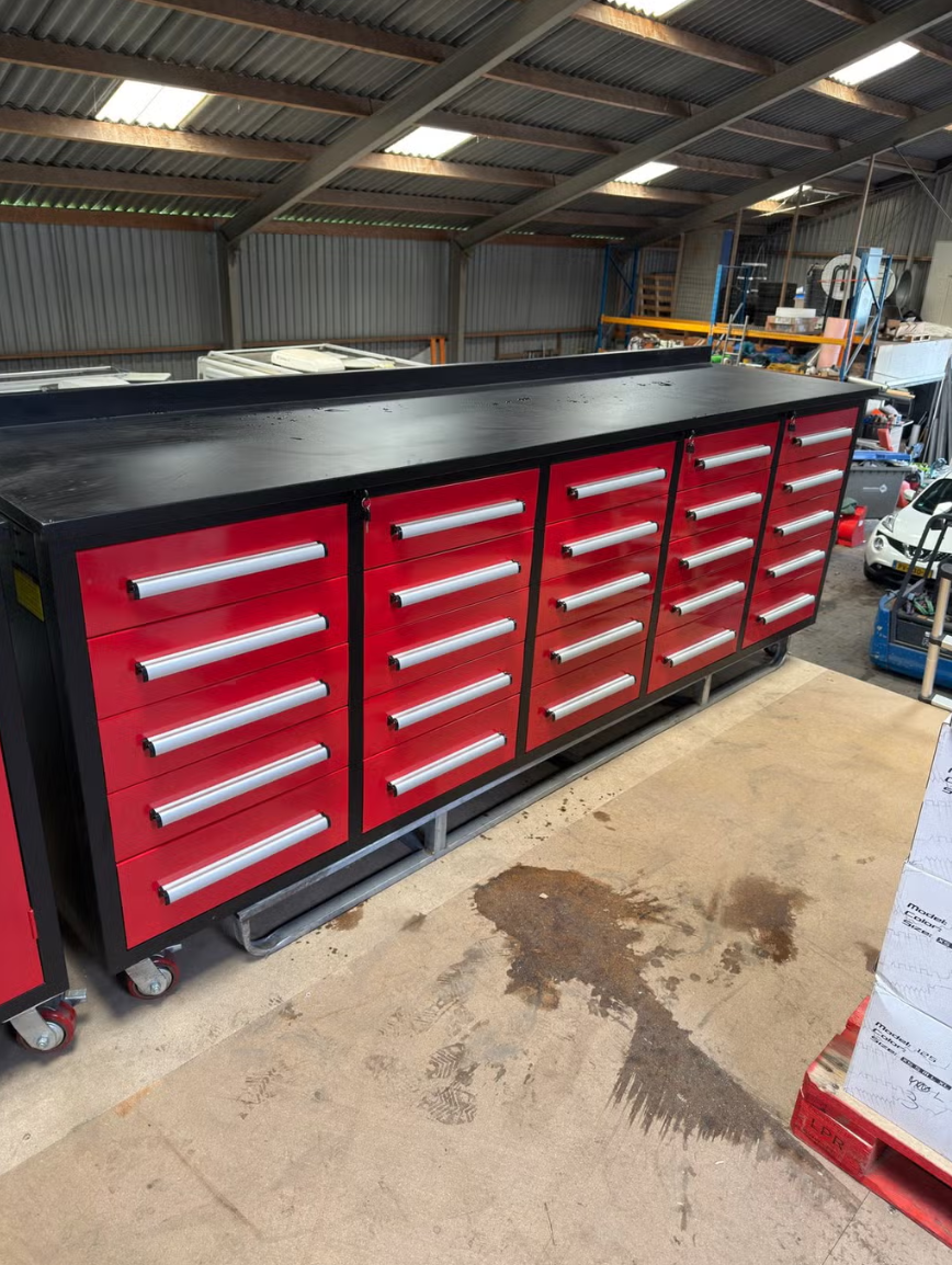 verrijdbare xxl werkbank 287cm breed incl lades